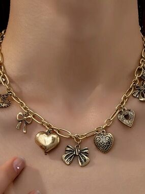 Antique Gold Heart & Bow Charm Necklace
